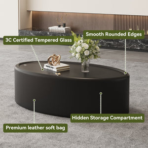 English Elm 33.46 Oval Faux Leather Coffee Table with Flip Open Hidden Storage and Tempered Glass Top W3158P496084