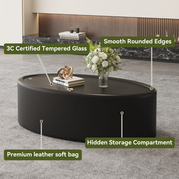 English Elm 33.46 Oval Faux Leather Coffee Table with Flip Open Hidden Storage and Tempered Glass Top W3158P496084