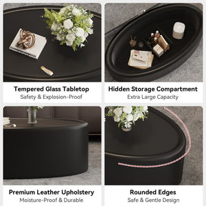 English Elm 33.46 Oval Faux Leather Coffee Table with Flip Open Hidden Storage and Tempered Glass Top W3158P496084