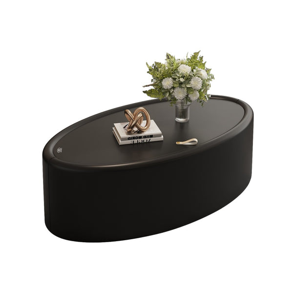 English Elm 33.46 Oval Faux Leather Coffee Table with Flip Open Hidden Storage and Tempered Glass Top W3158P496084