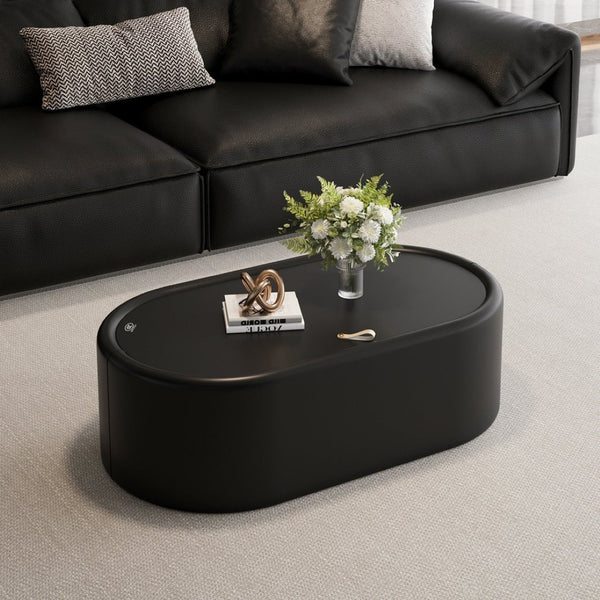 English Elm 33.46 Oval Faux Leather Coffee Table with Tempered Glass Hidden Storage Modern W3158P496085