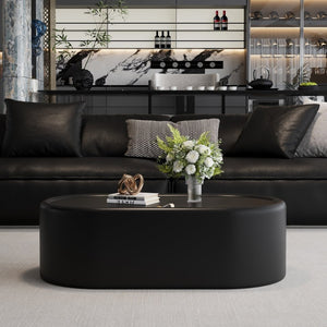 English Elm 33.46 Oval Faux Leather Coffee Table with Tempered Glass Hidden Storage Modern W3158P496085