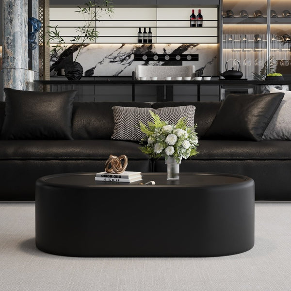 English Elm 33.46 Oval Faux Leather Coffee Table with Tempered Glass Hidden Storage Modern W3158P496085