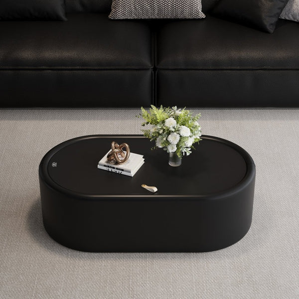 English Elm 33.46 Oval Faux Leather Coffee Table with Tempered Glass Hidden Storage Modern W3158P496085
