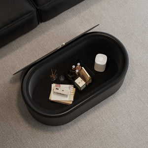 English Elm 33.46 Oval Faux Leather Coffee Table with Tempered Glass Hidden Storage Modern W3158P496085