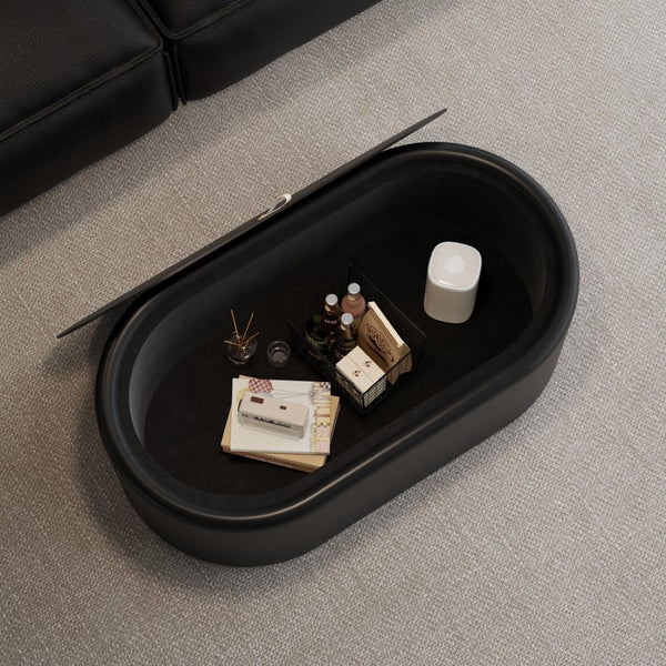 English Elm 33.46 Oval Faux Leather Coffee Table with Tempered Glass Hidden Storage Modern W3158P496085