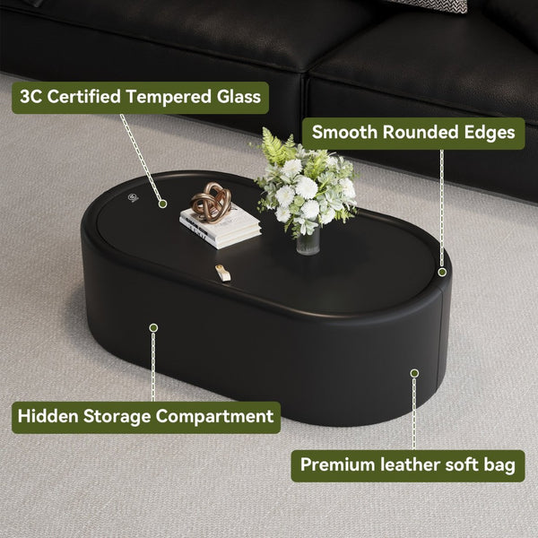 English Elm 33.46 Oval Faux Leather Coffee Table with Tempered Glass Hidden Storage Modern W3158P496085