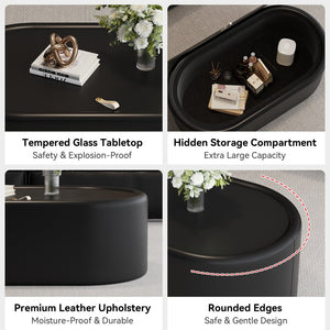 English Elm 33.46 Oval Faux Leather Coffee Table with Tempered Glass Hidden Storage Modern W3158P496085