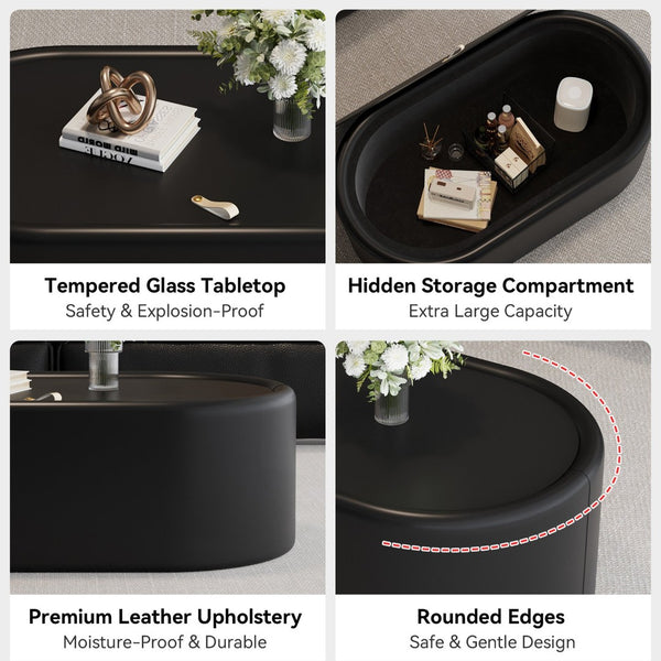 English Elm 33.46 Oval Faux Leather Coffee Table with Tempered Glass Hidden Storage Modern W3158P496085