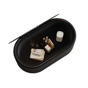 English Elm 33.46 Oval Faux Leather Coffee Table with Tempered Glass Hidden Storage Modern W3158P496085
