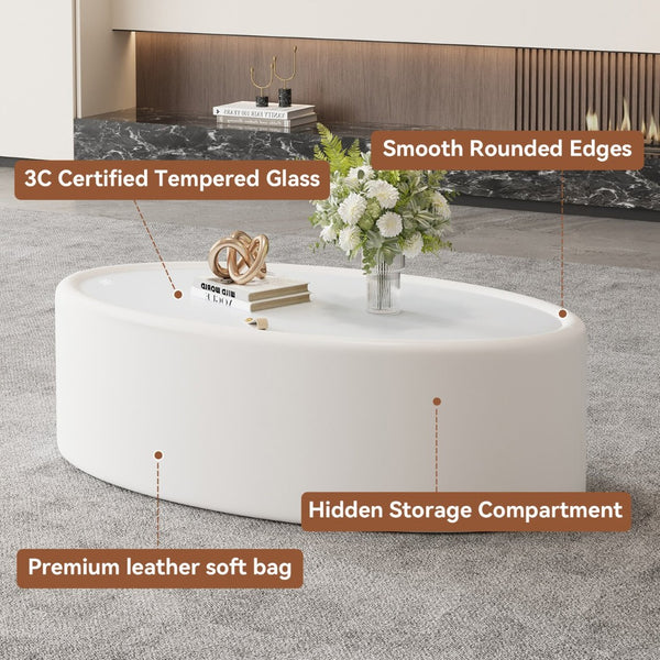 English Elm 33.46 Oval Faux Leather Storage Coffee Table with Tempered Glass Lid for Modern Living W3158P496086