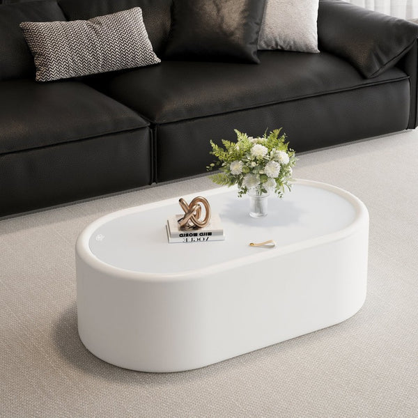 English Elm 33.46 Oval White Leather Storage Coffee Table with Tempered Glass Lid for Living Room W3158P496087