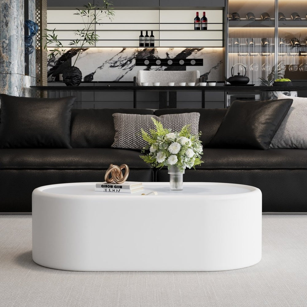 English Elm 33.46 Oval White Leather Storage Coffee Table with Tempered Glass Lid for Living Room W3158P496087