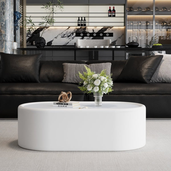 English Elm 33.46 Oval White Leather Storage Coffee Table with Tempered Glass Lid for Living Room W3158P496087