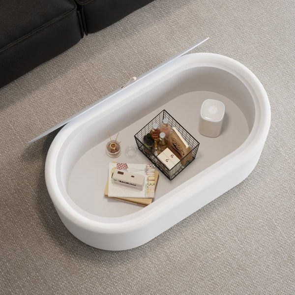 English Elm 33.46 Oval White Leather Storage Coffee Table with Tempered Glass Lid for Living Room W3158P496087