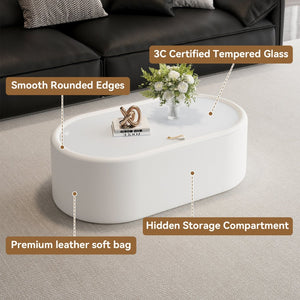 English Elm 33.46 Oval White Leather Storage Coffee Table with Tempered Glass Lid for Living Room W3158P496087