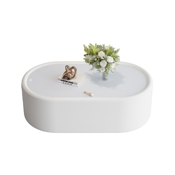 English Elm 33.46 Oval White Leather Storage Coffee Table with Tempered Glass Lid for Living Room W3158P496087