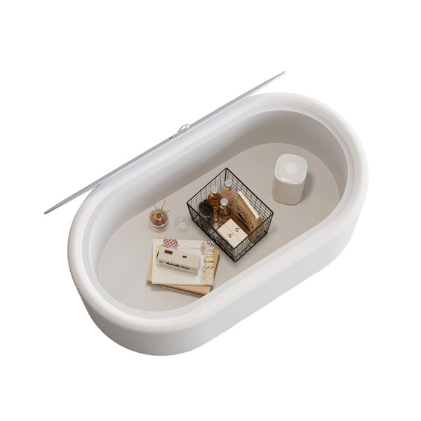 English Elm 33.46 Oval White Leather Storage Coffee Table with Tempered Glass Lid for Living Room W3158P496087