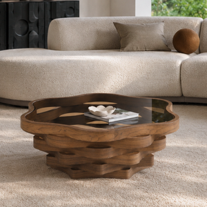 English Elm 35.83 Cloud Shaped Cocktail Table Sculptural Wavy MDF Base Dark Tempered Glass Top W3158P511607