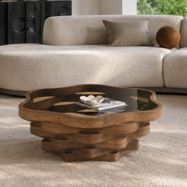 English Elm 35.83 Cloud Shaped Cocktail Table Sculptural Wavy MDF Base Dark Tempered Glass Top W3158P511607