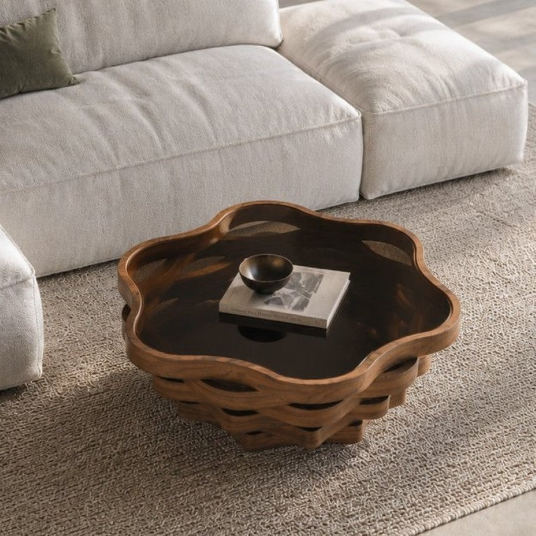 English Elm 35.83 Cloud Shaped Cocktail Table Sculptural Wavy MDF Base Dark Tempered Glass Top W3158P511607