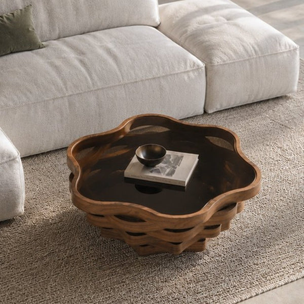 English Elm 35.83 Cloud Shaped Cocktail Table Sculptural Wavy MDF Base Dark Tempered Glass Top W3158P511607
