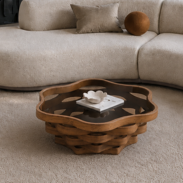 English Elm 35.83 Cloud Shaped Cocktail Table Sculptural Wavy MDF Base Dark Tempered Glass Top W3158P511607