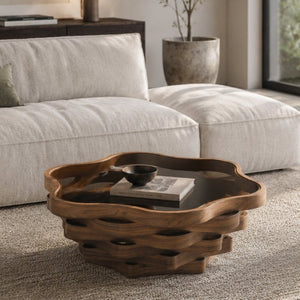 English Elm 35.83 Cloud Shaped Cocktail Table Sculptural Wavy MDF Base Dark Tempered Glass Top W3158P511607