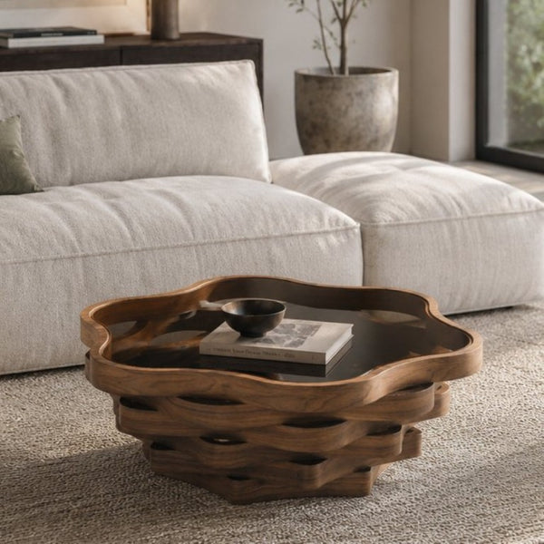 English Elm 35.83 Cloud Shaped Cocktail Table Sculptural Wavy MDF Base Dark Tempered Glass Top W3158P511607