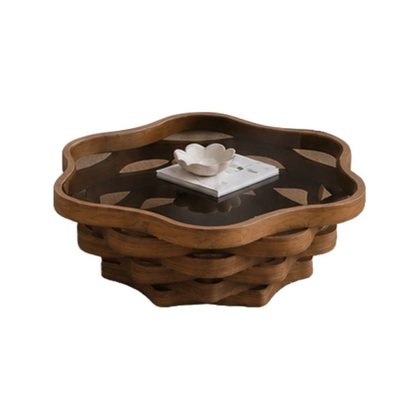 English Elm 35.83 Cloud Shaped Cocktail Table Sculptural Wavy MDF Base Dark Tempered Glass Top W3158P511607