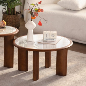 English Elm 27.76 Round Sintered Stone Cocktail Table Walnut Wood Rim Low Profile Living Room W3158P511610