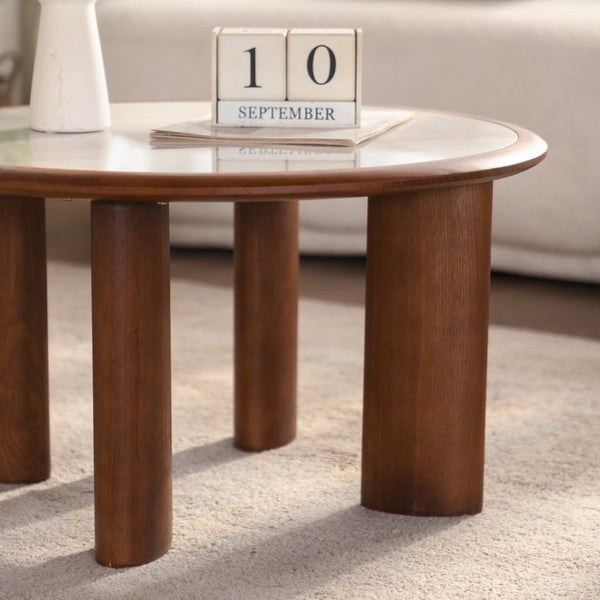 English Elm 27.76 Round Sintered Stone Cocktail Table Walnut Wood Rim Low Profile Living Room W3158P511610