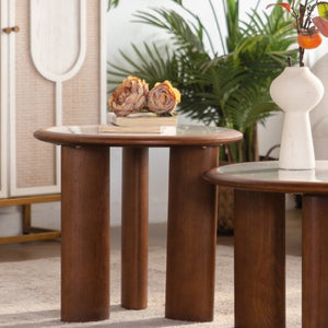 English Elm 19.49 Round Sintered Stone Coffee Table Marble Veined Top Walnut Wood Legs Modern W3158P511611