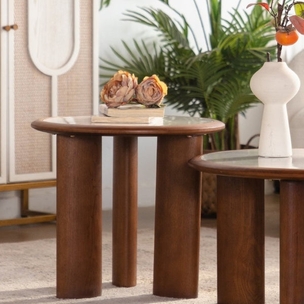 English Elm 19.49 Round Sintered Stone Coffee Table Marble Veined Top Walnut Wood Legs Modern W3158P511611