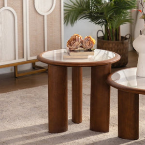 English Elm 19.49 Round Sintered Stone Coffee Table Marble Veined Top Walnut Wood Legs Modern W3158P511611