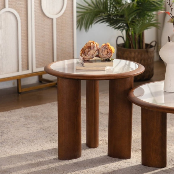English Elm 19.49 Round Sintered Stone Coffee Table Marble Veined Top Walnut Wood Legs Modern W3158P511611