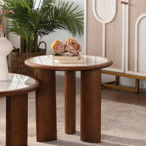 English Elm 19.49 Round Sintered Stone Coffee Table Marble Veined Top Walnut Wood Legs Modern W3158P511611