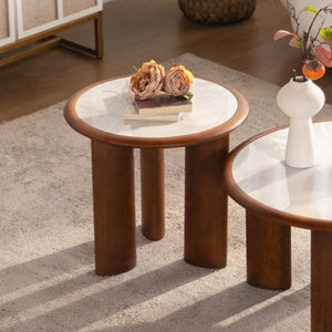 English Elm 19.49 Round Sintered Stone Coffee Table Marble Veined Top Walnut Wood Legs Modern W3158P511611