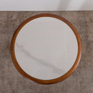 English Elm 19.49 Round Sintered Stone Coffee Table Marble Veined Top Walnut Wood Legs Modern W3158P511611