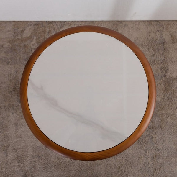 English Elm 19.49 Round Sintered Stone Coffee Table Marble Veined Top Walnut Wood Legs Modern W3158P511611