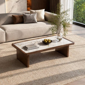 English Elm 47.24 Inch Sintered Stone Coffee Table Walnut Veneer Panel Legs Low Profile Modern W3158P526087