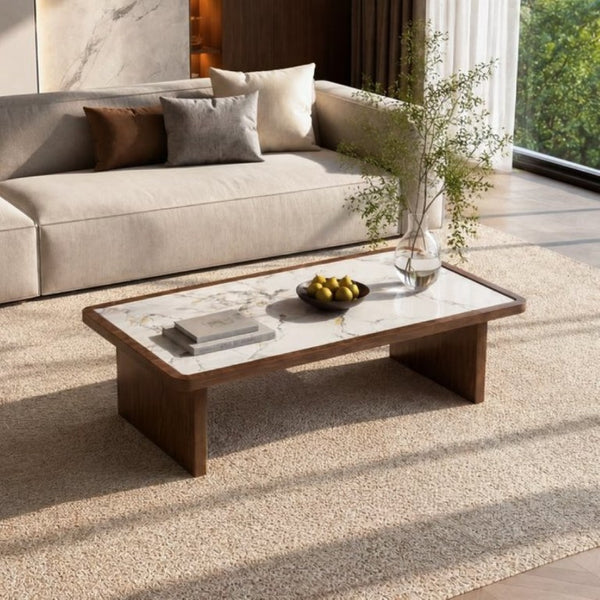 English Elm 47.24 Inch Sintered Stone Coffee Table Walnut Veneer Panel Legs Low Profile Modern W3158P526087