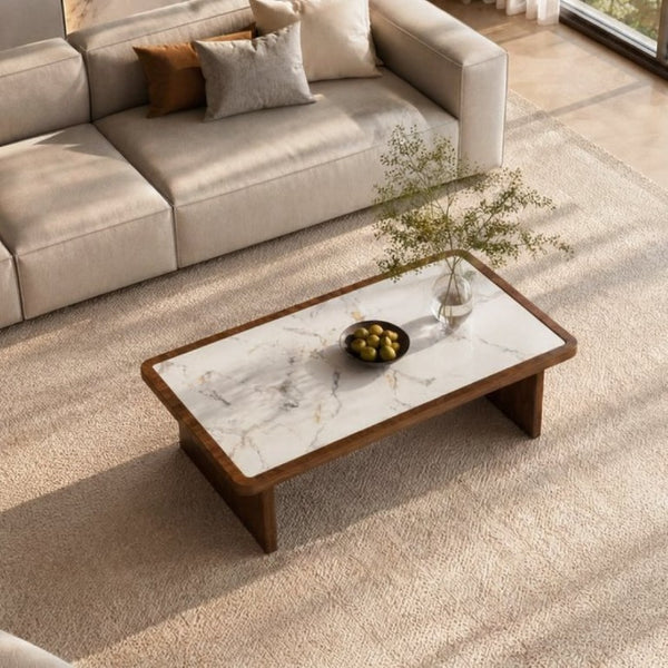 English Elm 47.24 Inch Sintered Stone Coffee Table Walnut Veneer Panel Legs Low Profile Modern W3158P526087
