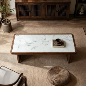 English Elm 47.24 Inch Sintered Stone Coffee Table Walnut Veneer Panel Legs Low Profile Modern W3158P526087