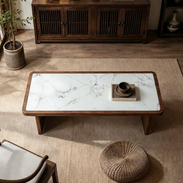 English Elm 47.24 Inch Sintered Stone Coffee Table Walnut Veneer Panel Legs Low Profile Modern W3158P526087