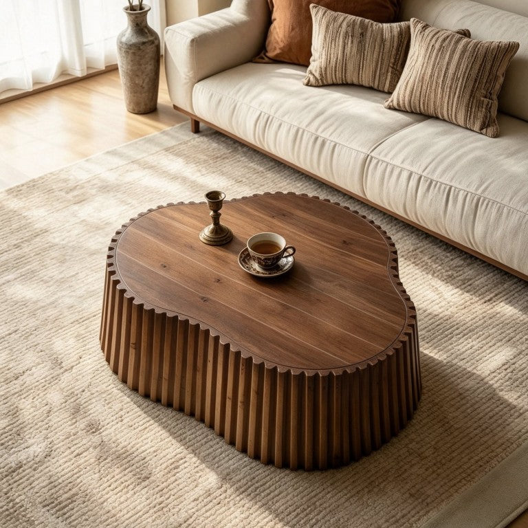 English Elm 31.5 Inch Scalloped Cloud Coffee Table Solid Pine Fluted Sides Organic Modern Living Room W3158P537756