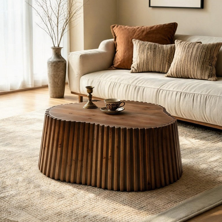 English Elm 31.5 Inch Scalloped Cloud Coffee Table Solid Pine Fluted Sides Organic Modern Living Room W3158P537756