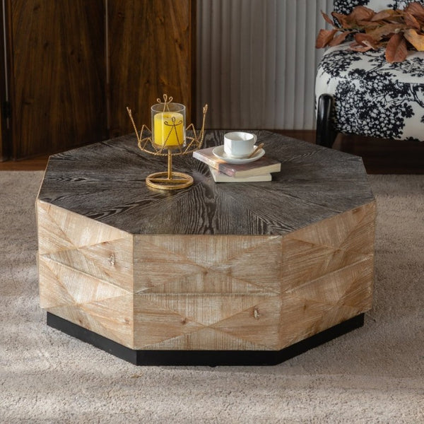 English Elm Octagon Solid Wood Coffee Table Embossed Relief Surface Rustic Farmhouse Living Room W3158P540398
