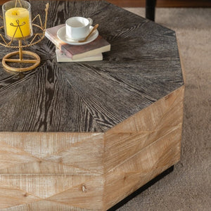 English Elm Octagon Solid Wood Coffee Table Embossed Relief Surface Rustic Farmhouse Living Room W3158P540398