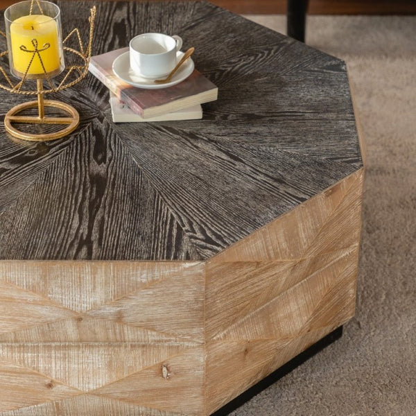 English Elm Octagon Solid Wood Coffee Table Embossed Relief Surface Rustic Farmhouse Living Room W3158P540398